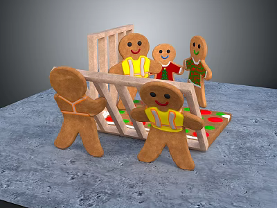 Gingerbread Man Characters Pushing Wooden Barrier In Yellow Safety Vests And Outfits On Gray Ground 3d model
