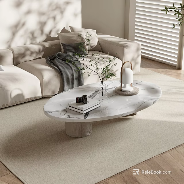 Marble Coffee Table In Living Room With Beige Sofa Books Green Plant And Table Lamp 3d model 