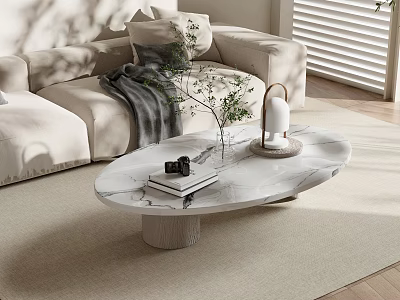 Marble Coffee Table In Living Room With Beige Sofa Books Green Plant And Table Lamp 3d model