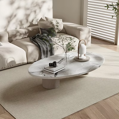 Marble Coffee Table In Living Room With Beige Sofa Books Green Plant And Table Lamp 3d model