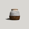 Two White Spice Jars With Wicker Basket Bases And Wooden Lids