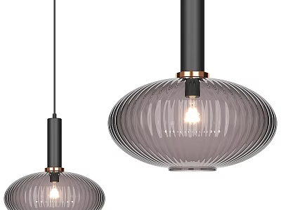 Two Modern Smoke Gray Ribbed Glass Pendant Lights With Metal Accents Illuminated Design 3d model