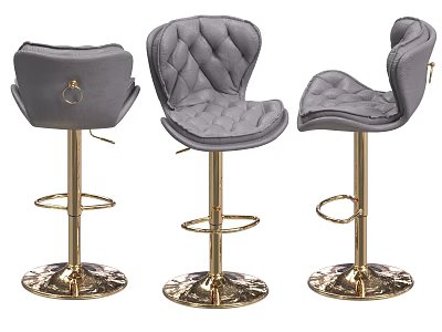 Elegant Grey Tufted Velvet Bar Stools With Gold Metal Base And Footrest 3d model