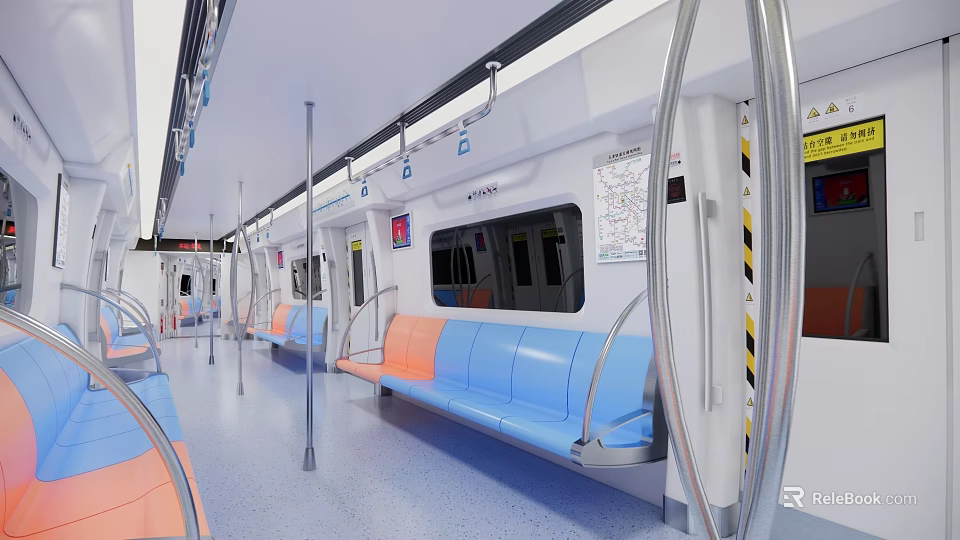 Modern Subway Carriage Interior With Blue Orange Seats And Metal Handrails 3d model 