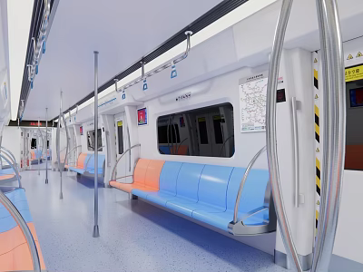 Modern Subway Carriage Interior With Blue Orange Seats And Metal Handrails 3d model