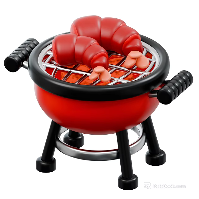 Grilled Shrimp On Red Mini Grill With Black Handles And Stand 3d model 