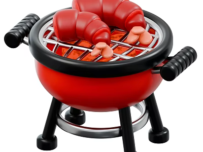 Grilled Shrimp On Red Mini Grill With Black Handles And Stand 3d model