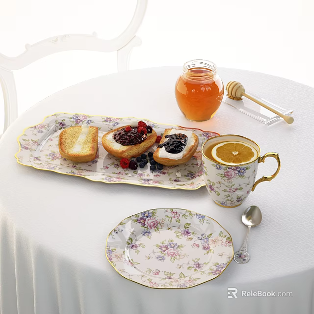 Floral Tableware Set With Toast Jam Honey Jar Cup And Plates 3d model 