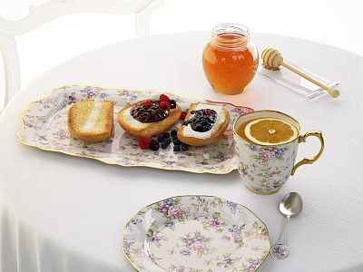 Floral Tableware Set With Toast Jam Honey Jar Cup And Plates 3d model
