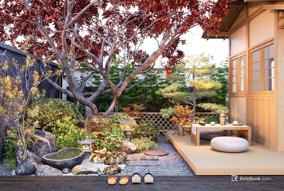 Japanese Courtyard Garden with Red Leaf Tree Stone Lantern Small Pond and Wooden Deck 3d model 