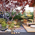 Japanese Courtyard Garden with Red Leaf Tree Stone Lantern Small Pond and Wooden Deck