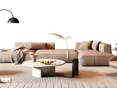 L Shaped Beige Sofa Set with Round Coffee Table Green Plant and Floor Lamp 3d model