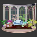 Indoor Scene With Pink Arched Windows Sofa Plants And Wooden Table 3d model