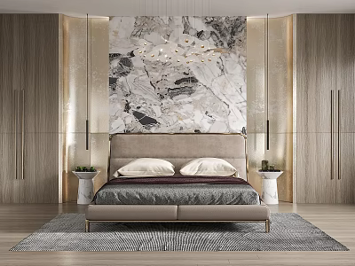 Elegant Double Bed In Bedroom With Marble Mural And Potted Plants 3d model
