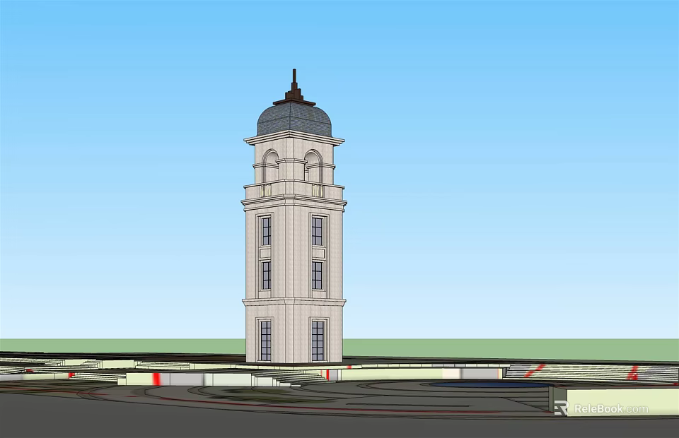 Classical Style Tower With Dome Roof And Multi Story Arched Windows Against Blue Sky 3d model 