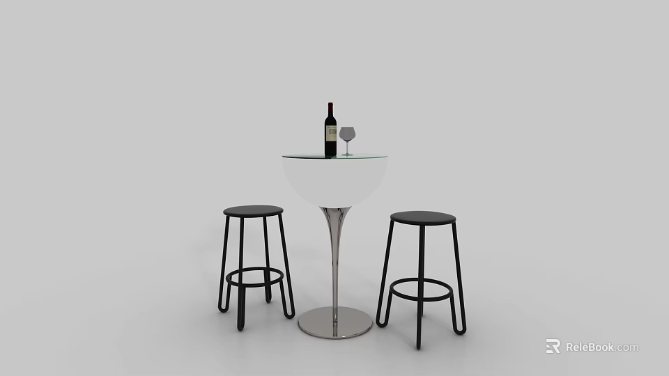 Modern Bar Counter With Wine Bottle Glass And Black Bar Stools 3d model 