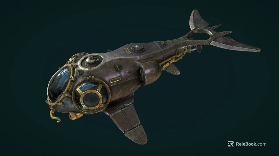 Vintage Mechanical Submarine Watercraft With Metallic Body Round Observation Windows And Fins Like Structures 3d model 