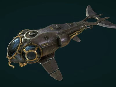 Vintage Mechanical Submarine Watercraft With Metallic Body Round Observation Windows And Fins Like Structures 3d model