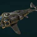 Vintage Mechanical Submarine Watercraft With Metallic Body Round Observation Windows And Fins Like Structures