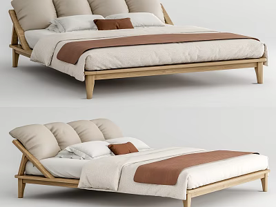 Modern Double Bed with Wooden Frame Beige and Brown Bedspread and Pillows 3d model