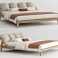 Modern Double Bed with Wooden Frame Beige and Brown Bedspread and Pillows