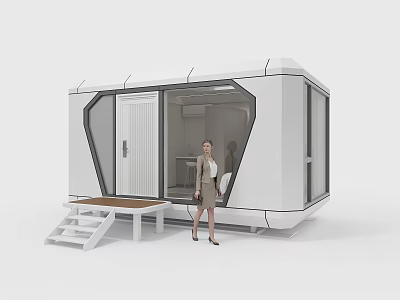 Modern Modular Guesthouse Building With White Exterior Large Windows And Front Platform 3d model