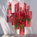 Art Installation Featuring Red Transparent Cubes With Red Flowers And Green Plants