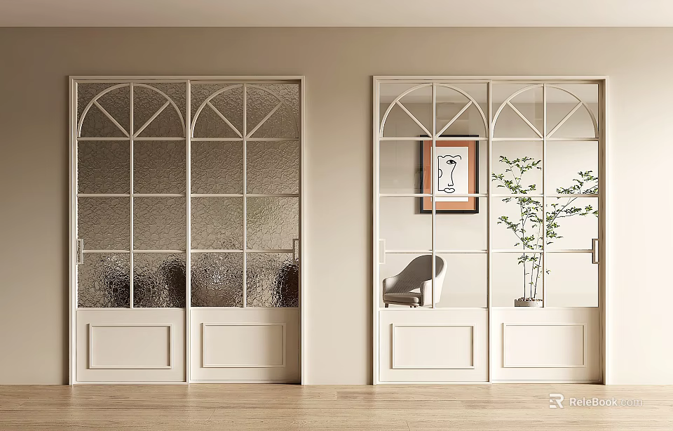 White Sliding Doors with Frosted Glass Grid Panels in Light Wall Interior Wooden Floor and Decor 3d model 