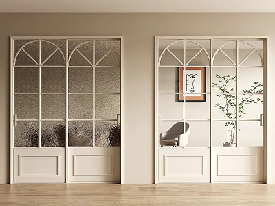White Sliding Doors with Frosted Glass Grid Panels in Light Wall Interior Wooden Floor and Decor 3d model