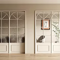 White Sliding Doors with Frosted Glass Grid Panels in Light Wall Interior Wooden Floor and Decor