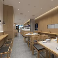 Bright Modern Restaurant Interior With Wooden Tables Chairs Menu Displays And TV Screens
