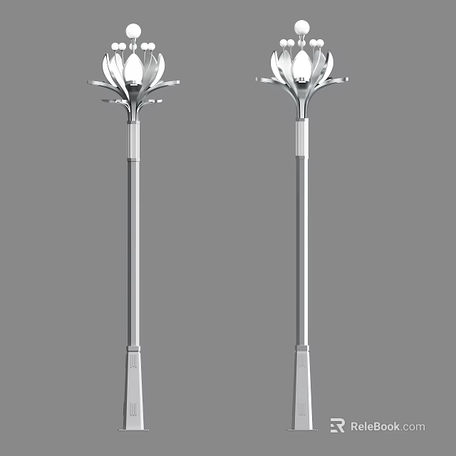 Flower Shaped Outdoor Lights With Tall Slim Metal Poles And Decorative Lamp Heads 3d model 