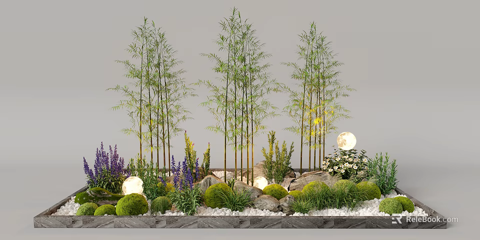 Garden Plant Combination With Bamboo Purple Flowers Green Grass Stones And Glowing Lights 3d model 
