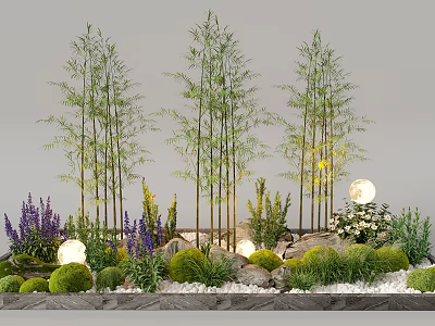 Garden Plant Combination With Bamboo Purple Flowers Green Grass Stones And Glowing Lights 3d model