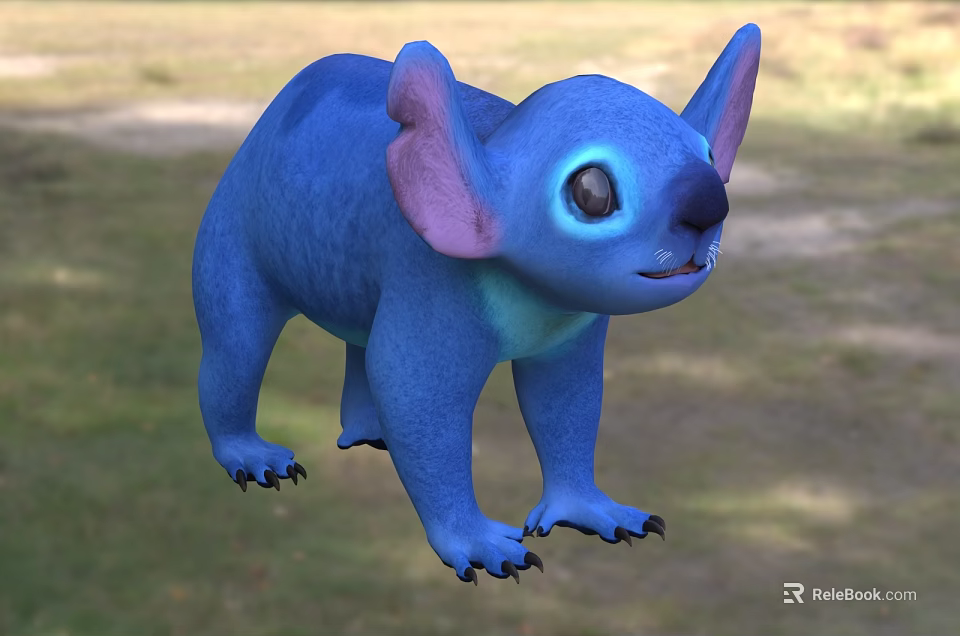 Blue Reptile With Large Ears And Big Eyes Standing On Green Grassland Habitat 3d model 