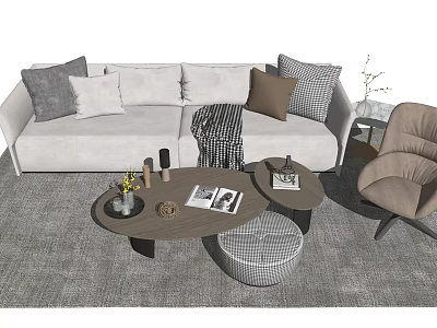 Modern Sofa and Coffee Table Set with Colorful Pillows Round Wooden Tables and Accent Chair 3d model
