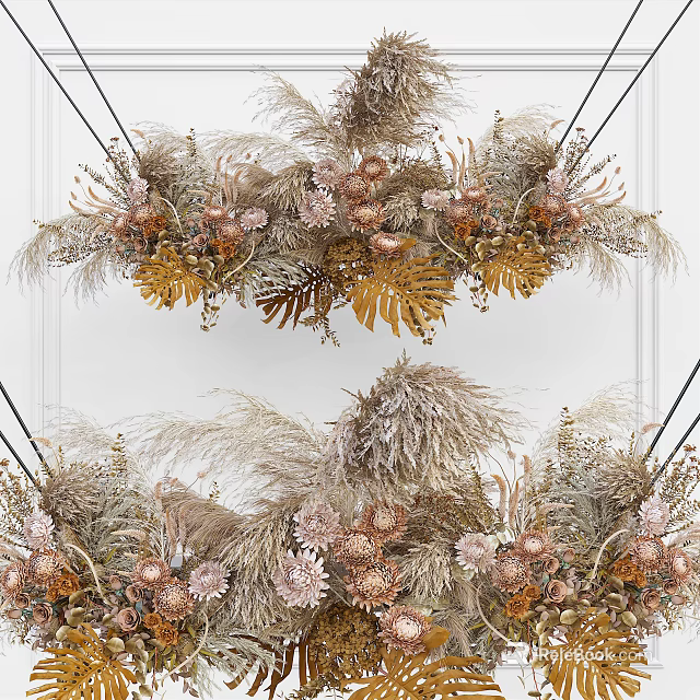 Elegant Dried Flower Decor With Feathery Plants Brown Blooms And Gold Leaves 3d model 