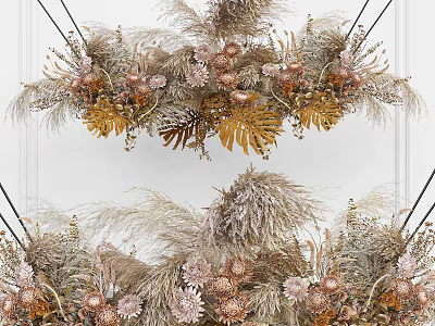 Elegant Dried Flower Decor With Feathery Plants Brown Blooms And Gold Leaves 3d model