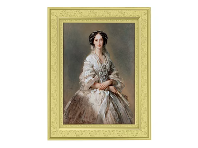 Portrait Painting of a Woman in Elaborate Dress with Golden Ornate Frame and Dark Background 3d model