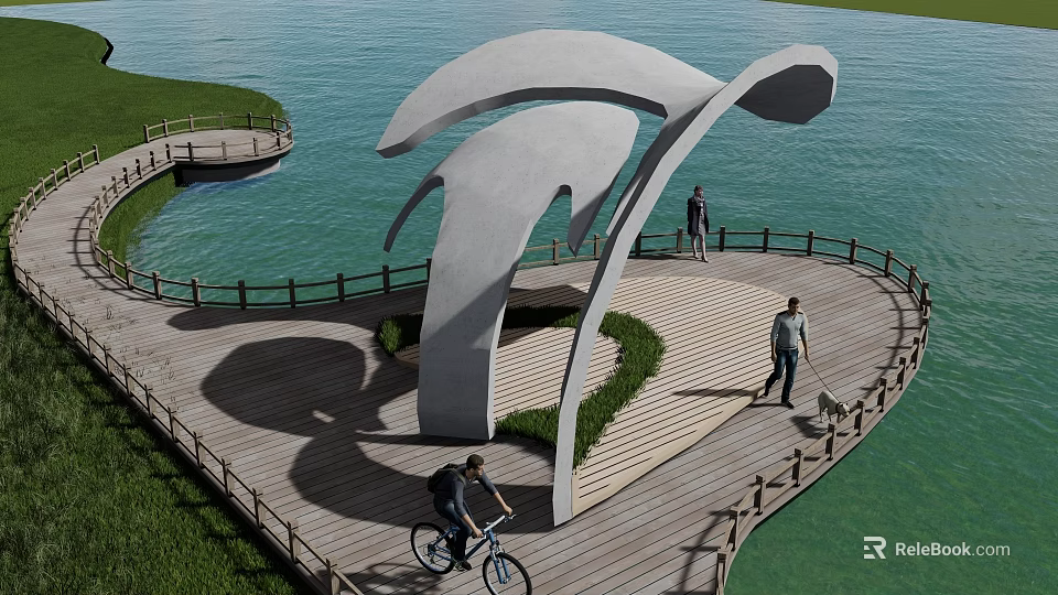 Waterfront Landscape With Large White Curved Sculpture Wooden Boardwalk Railing Grass Area People Cycling Walking 3d model 
