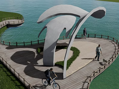 Waterfront Landscape With Large White Curved Sculpture Wooden Boardwalk Railing Grass Area People Cycling Walking 3d model