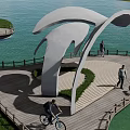 Waterfront Landscape With Large White Curved Sculpture Wooden Boardwalk Railing Grass Area People Cycling Walking