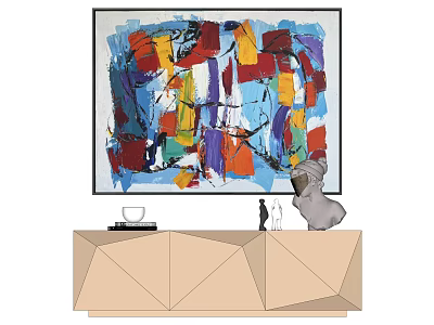 Vibrant Abstract Painting With Colorful Brush Strokes On Wall Above Geometric Cabinet With Decor 3d model