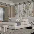 Elegant Modern Bedroom Interior With White Bed Marble Wall Bench And Window Blinds