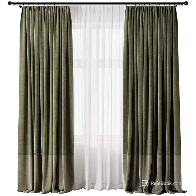 Elegant Green Curtains With Sheer White Layers For Window Interior Design 3d model 