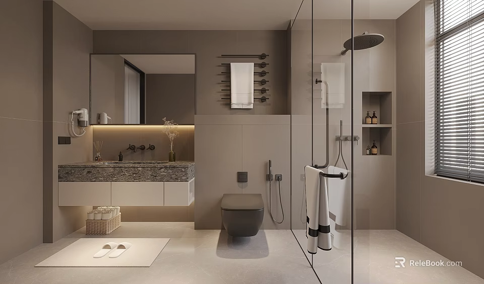 Modern Bathroom Interior With Marble Countertop Glass Shower Enclosure Mirror Toilet Towel Rack And Lighting 3d model 