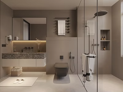 Modern Bathroom Interior With Marble Countertop Glass Shower Enclosure Mirror Toilet Towel Rack And Lighting 3d model
