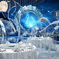 Luxurious Banquet Hall Interior With Spiral Crystal Chandelier Elegant Stage And Dining Tables