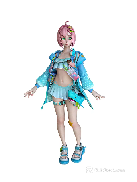Woman with Pink Hair Wearing Blue Coat Short Skirt and Dinosaur Pattern Bag 3d model 