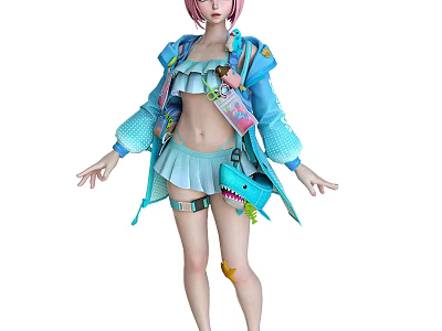 Woman with Pink Hair Wearing Blue Coat Short Skirt and Dinosaur Pattern Bag 3d model